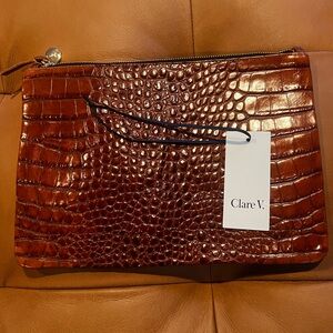 Clare V flat clutch with tabs in Cuoio Autumn Croco